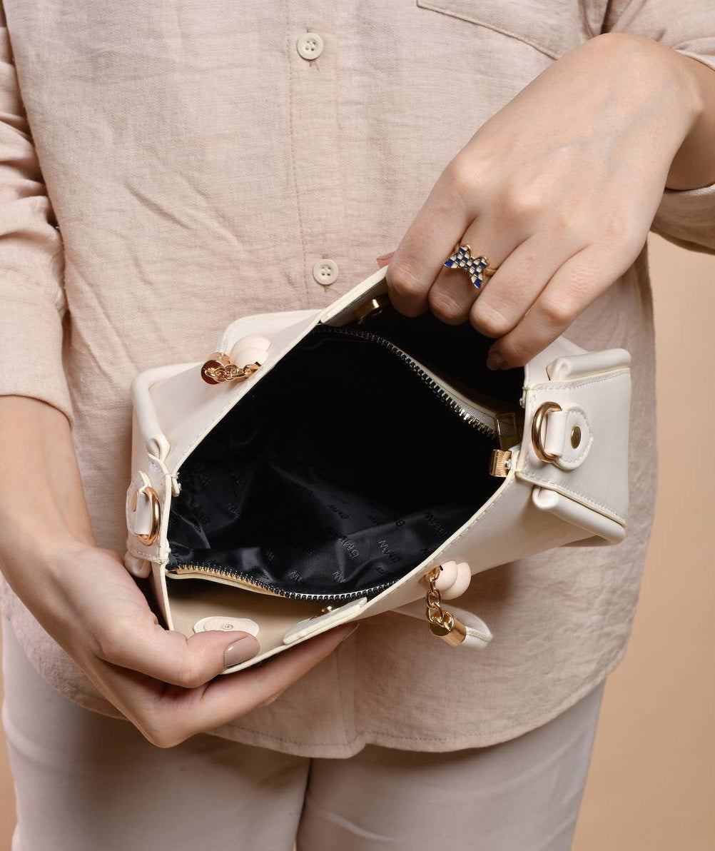 Leather Solid Curved Top-Handle Handbag – Beige