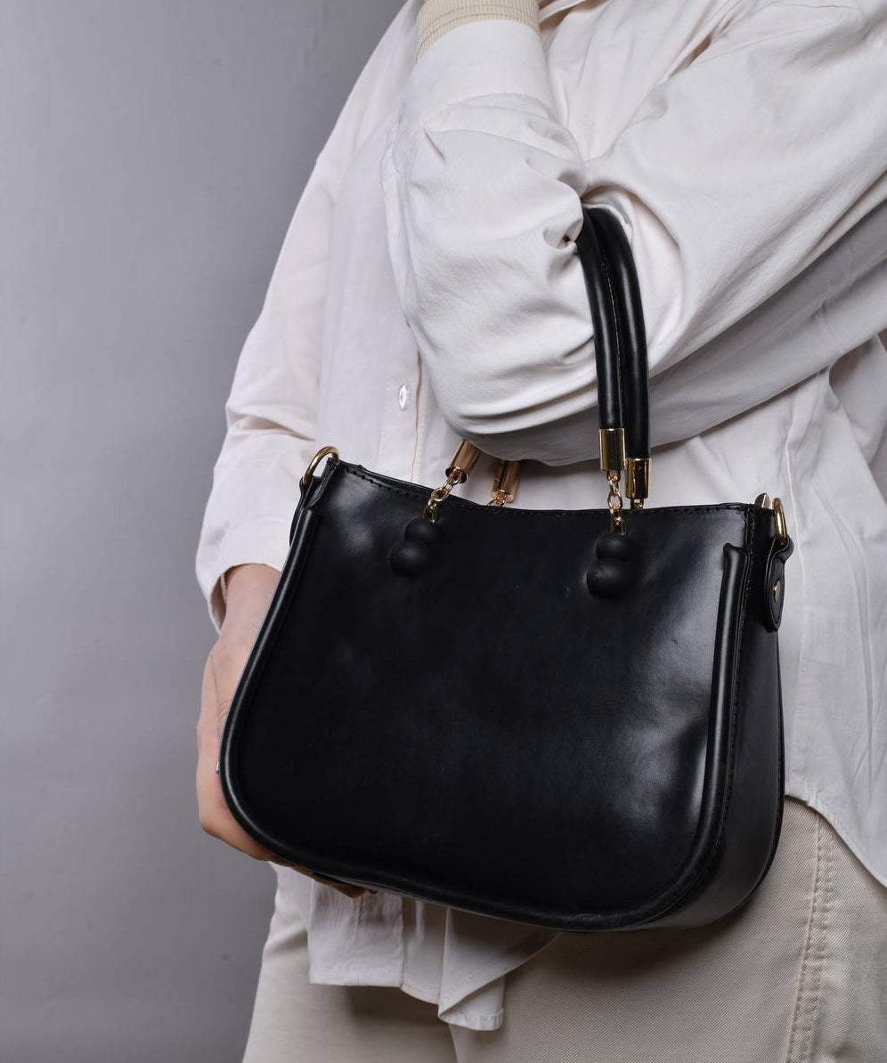 Leather Solid Curved Top-Handle Handbag – Black