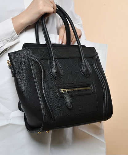 Leather Solid Structured Trapezoid Handbag – Black