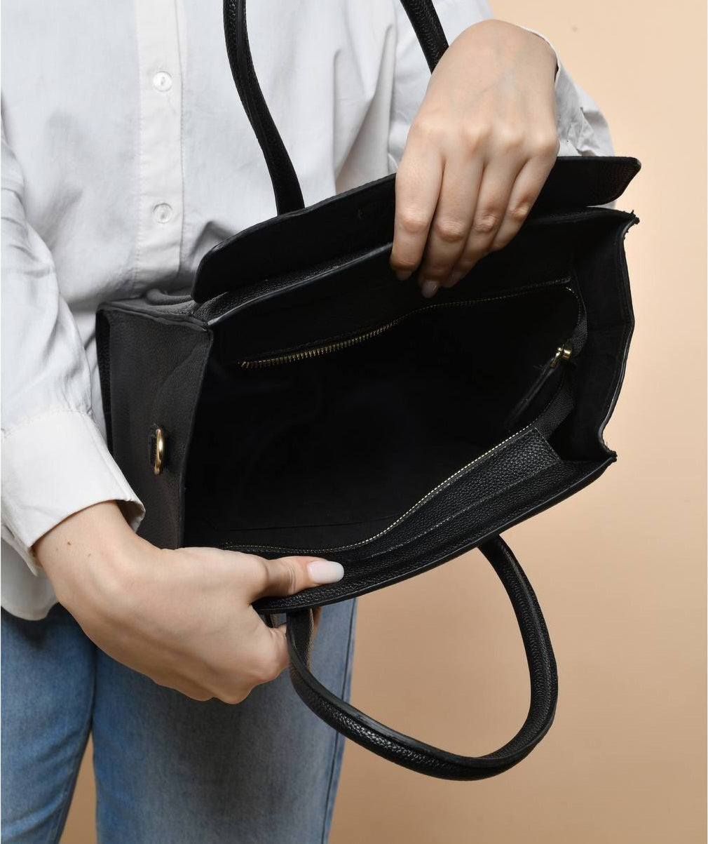 Leather Solid Structured Trapezoid Handbag – Black