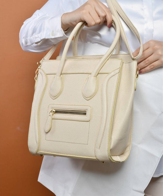 Leather Solid Structured Trapezoid Handbag – Beige