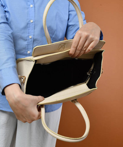 Leather Solid Structured Trapezoid Handbag – Beige