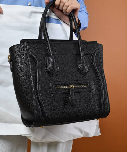 Leather Solid Structured Trapezoid Handbag – Black