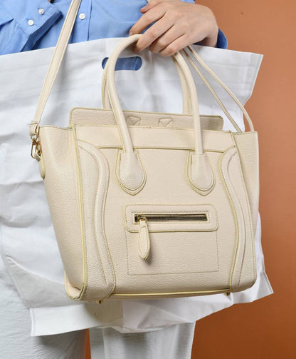 Leather Solid Structured Trapezoid Handbag – Beige