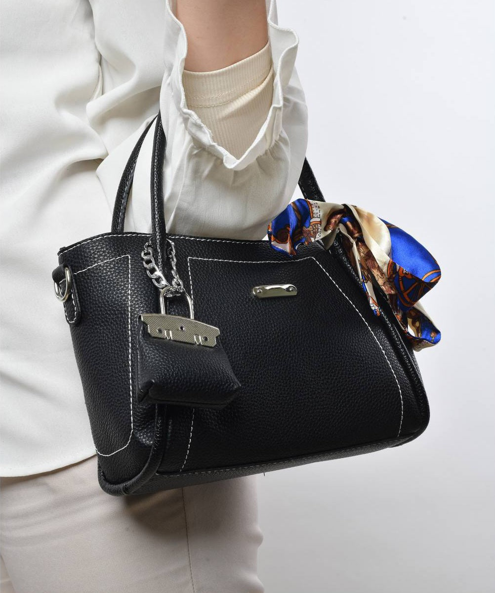 Leather Contrast Stitch Structured Handbag – Black