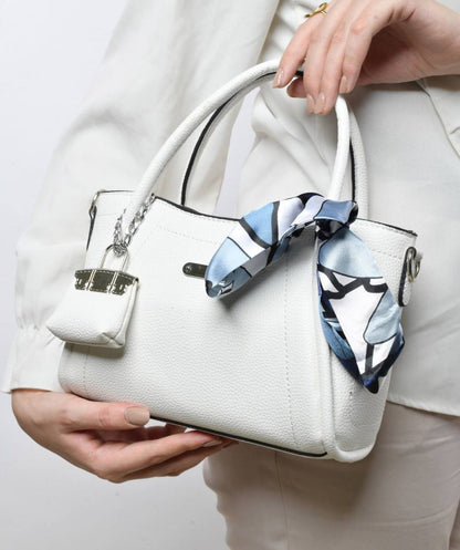 Leather Structured Handbag with Scarf & Lock Charm – White