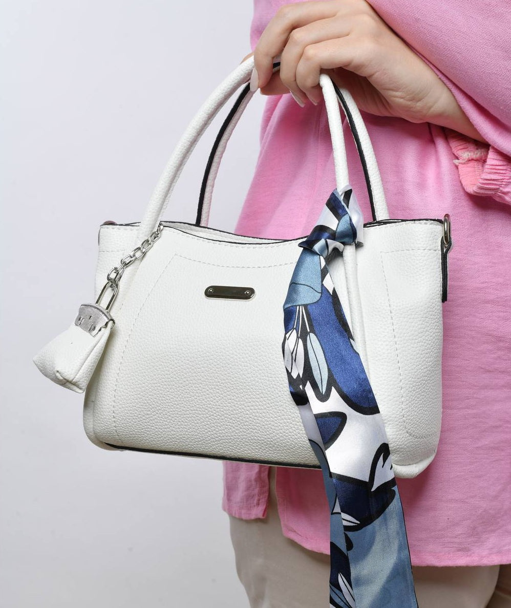 Leather Structured Handbag with Scarf & Lock Charm – White