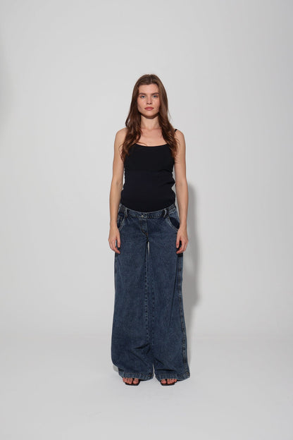 Cotton Vintage-Washed Wide-Leg Maternity Jeans