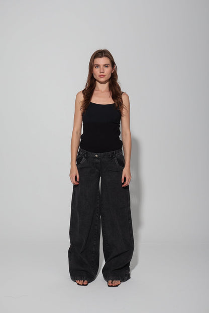 Cotton Vintage-Washed Wide-Leg Maternity Jeans