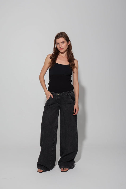 Cotton Vintage-Washed Wide-Leg Maternity Jeans