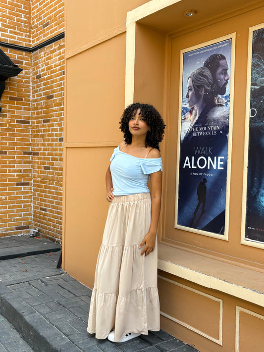 Cotton Stretch Off-Shoulder Casual Top – Baby Blue