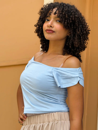 Cotton Stretch Off-Shoulder Casual Top – Baby Blue