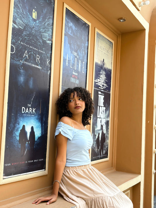 Cotton Stretch Off-Shoulder Casual Top – Baby Blue