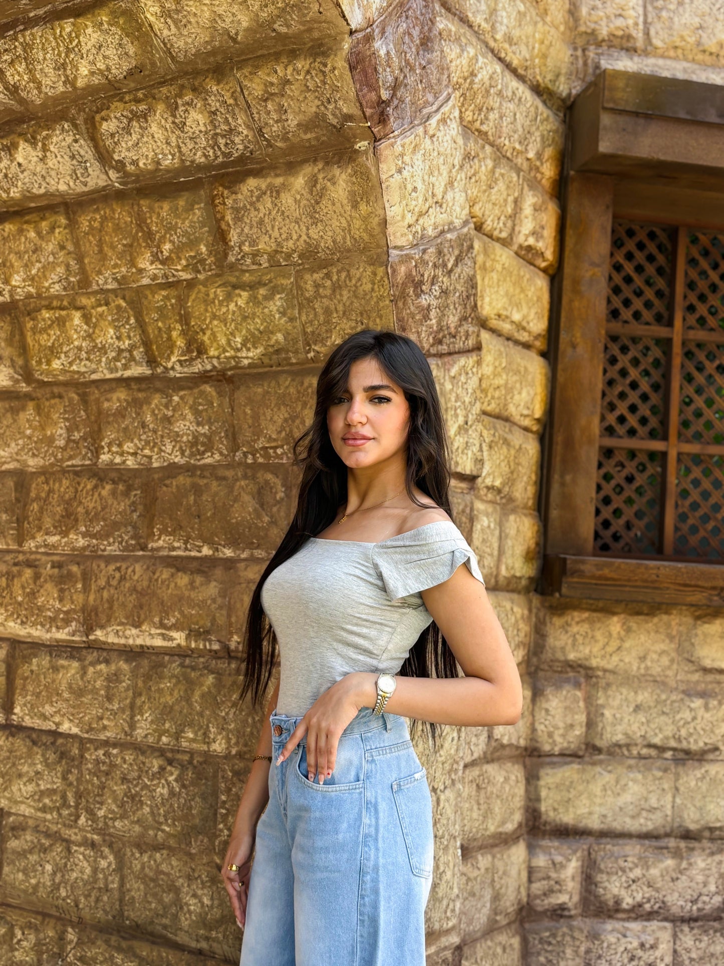 Cotton Stretch Off-Shoulder Casual Top – Light Grey