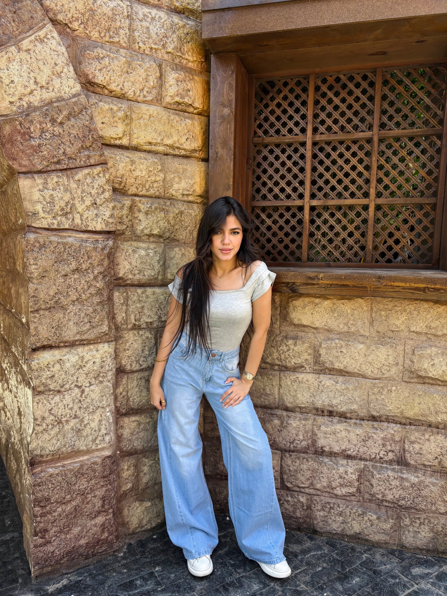 Cotton Stretch Off-Shoulder Casual Top – Light Grey