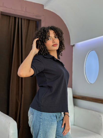 Cotton Minimalist Polo T-Shirt – Black