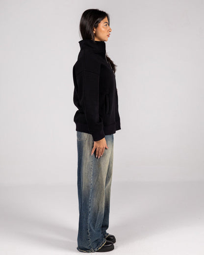 Cotton Solid Zip Sweatshirt – Black