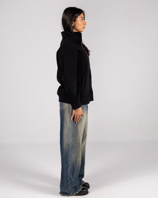 Cotton Solid Zip Sweatshirt – Black