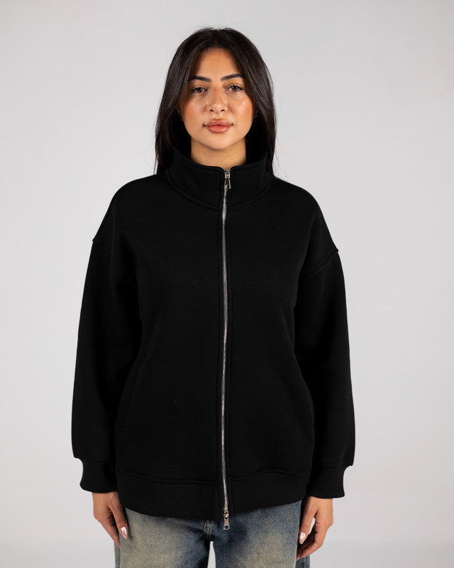 Cotton Solid Zip Sweatshirt – Black