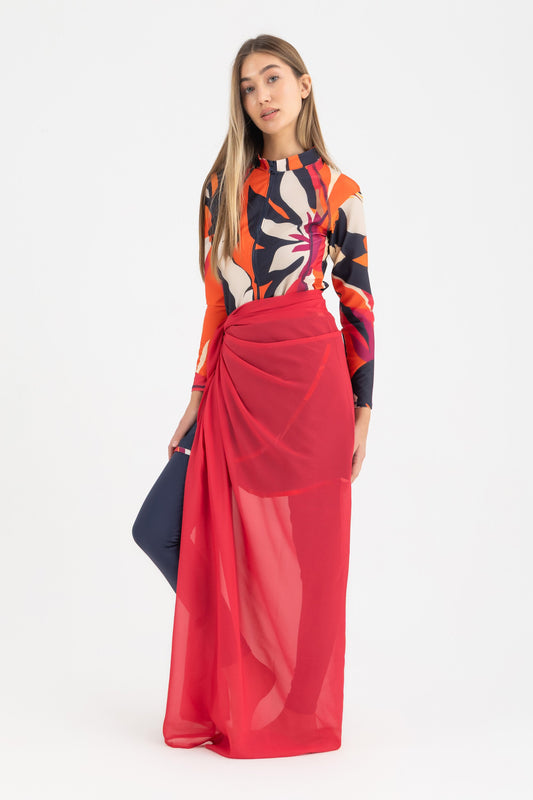 Chiffon Wrap Long Skirt - Red