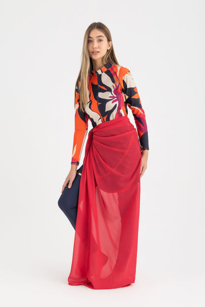 Chiffon Wrap Long Skirt - Red