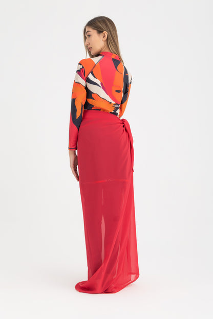Chiffon Wrap Long Skirt - Red