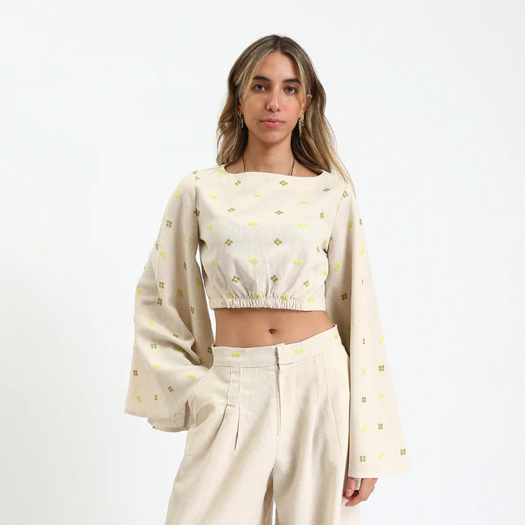 Linen Long-Sleeve Cropped Blouse - Beige