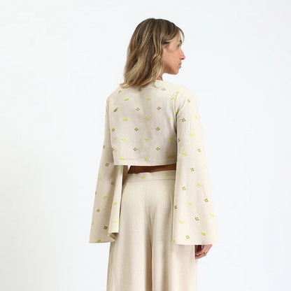 Linen Long-Sleeve Cropped Blouse - Beige