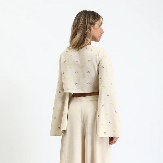 Linen Long-Sleeve Cropped Blouse - Beige