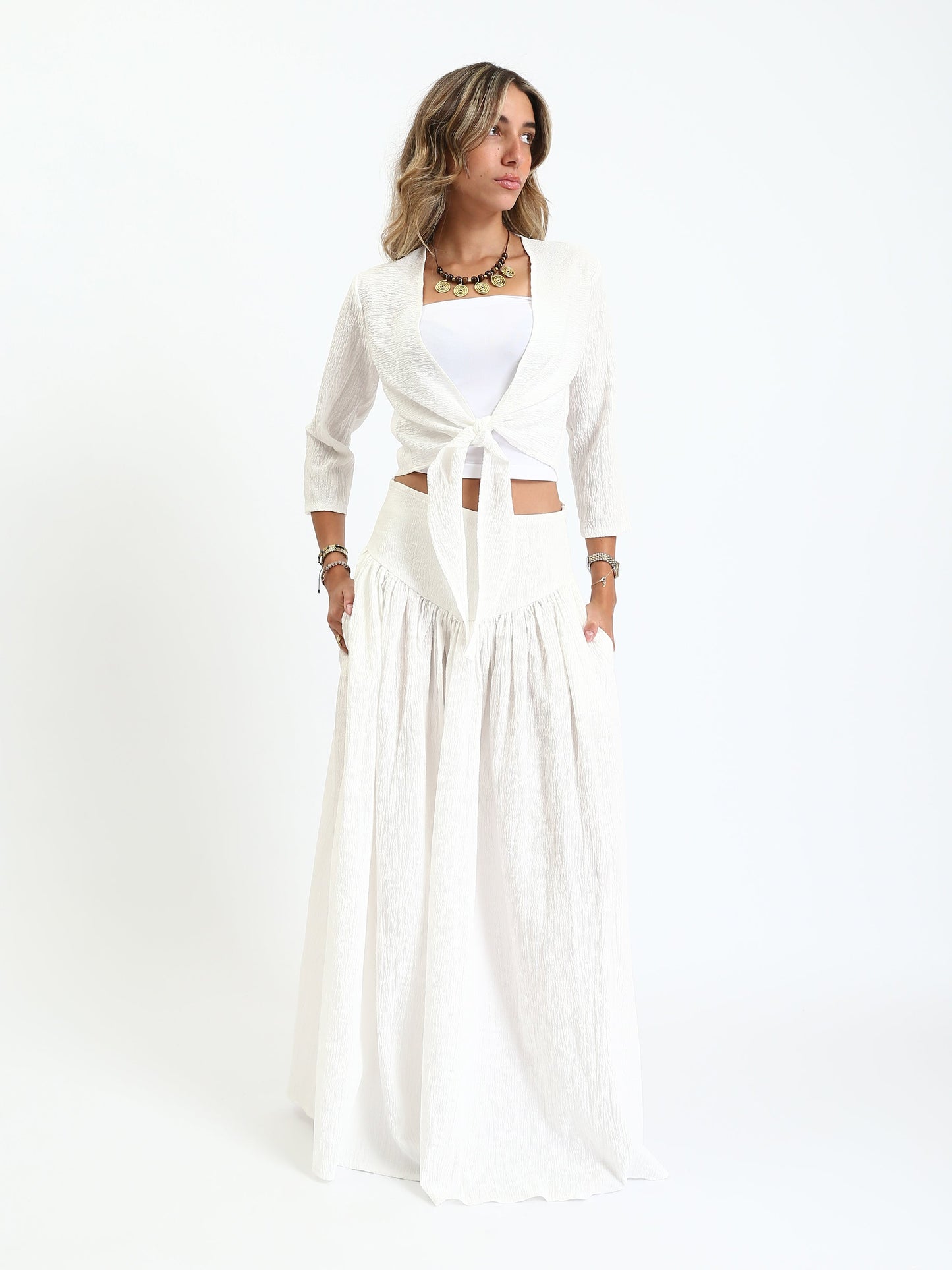 Synthetic Boho Cropped Wrap Blouse - White