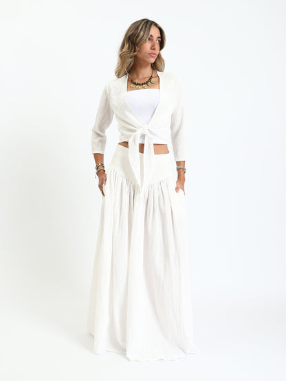 Synthetic Bohemian Blouse & Maxi Skirt Set - White