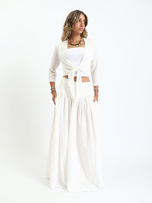 Synthetic Bohemian Blouse & Maxi Skirt Set - White