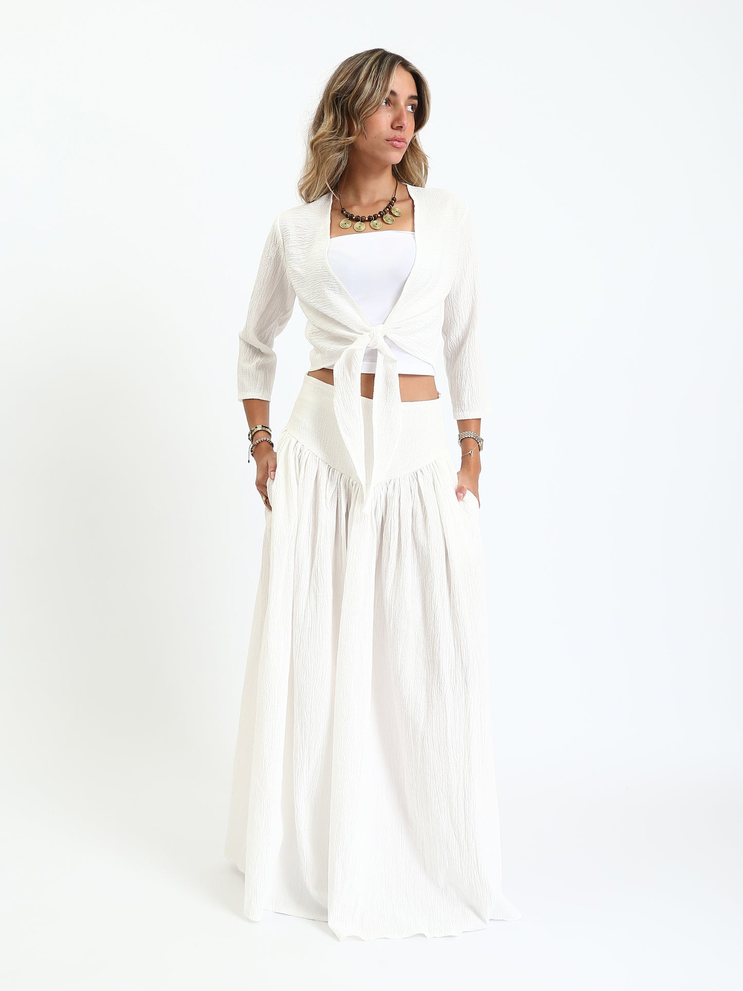 Synthetic Bohemian Blouse & Maxi Skirt Set - White