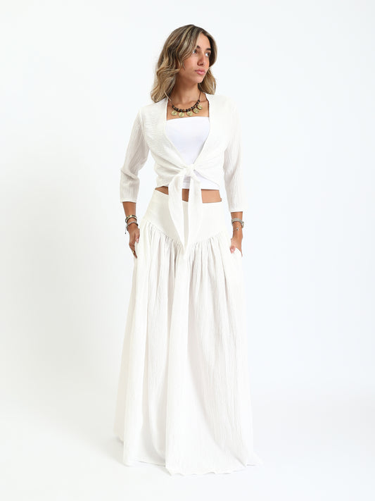 Synthetic Bohemian Blouse & Maxi Skirt Set - White
