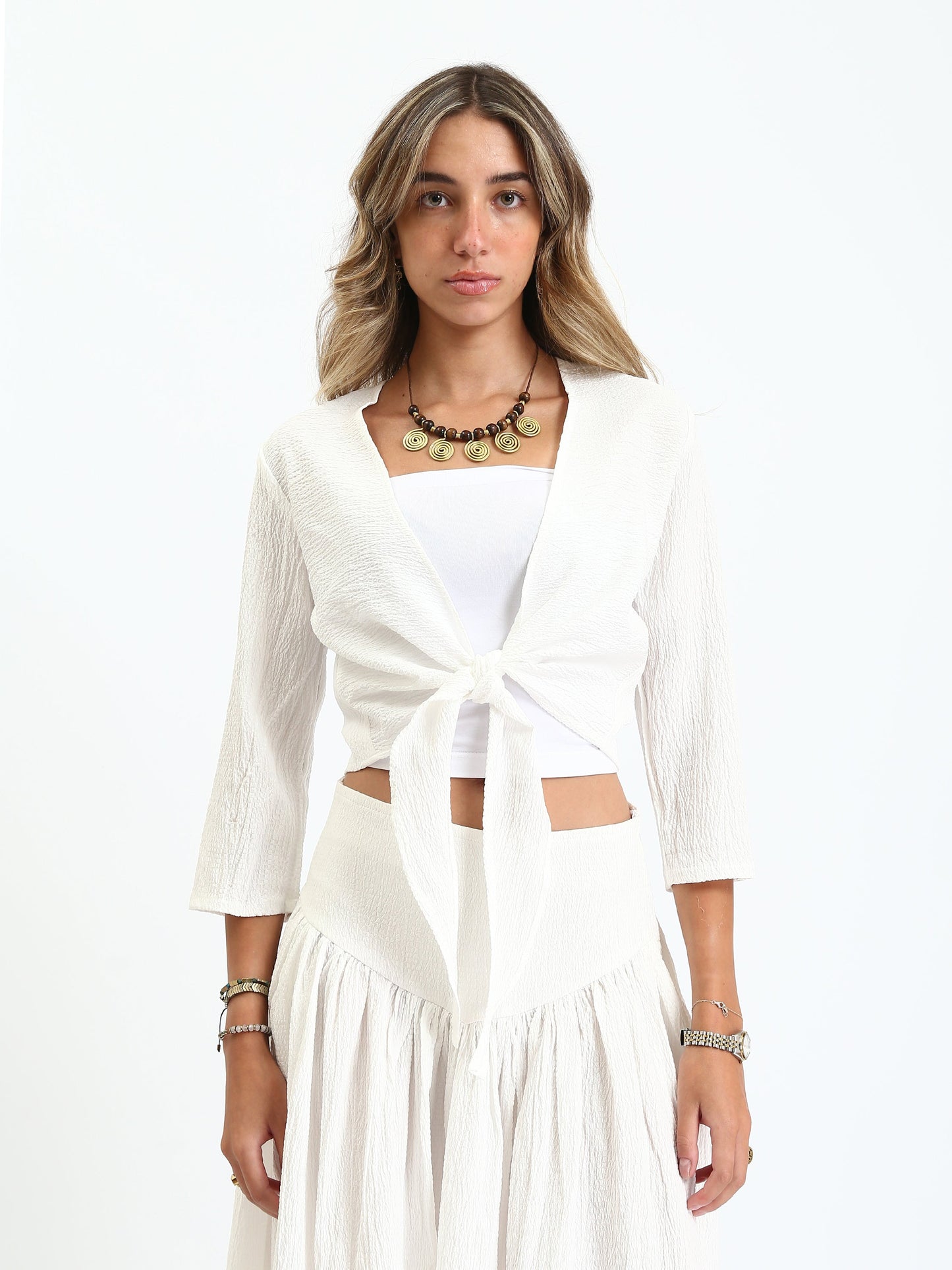 Synthetic Boho Cropped Wrap Blouse - White