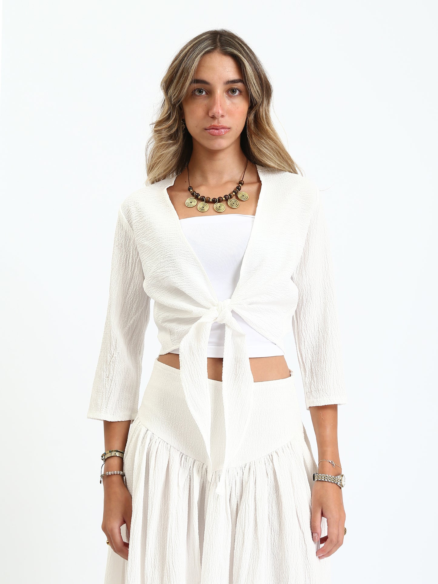 Synthetic Bohemian Blouse & Maxi Skirt Set - White
