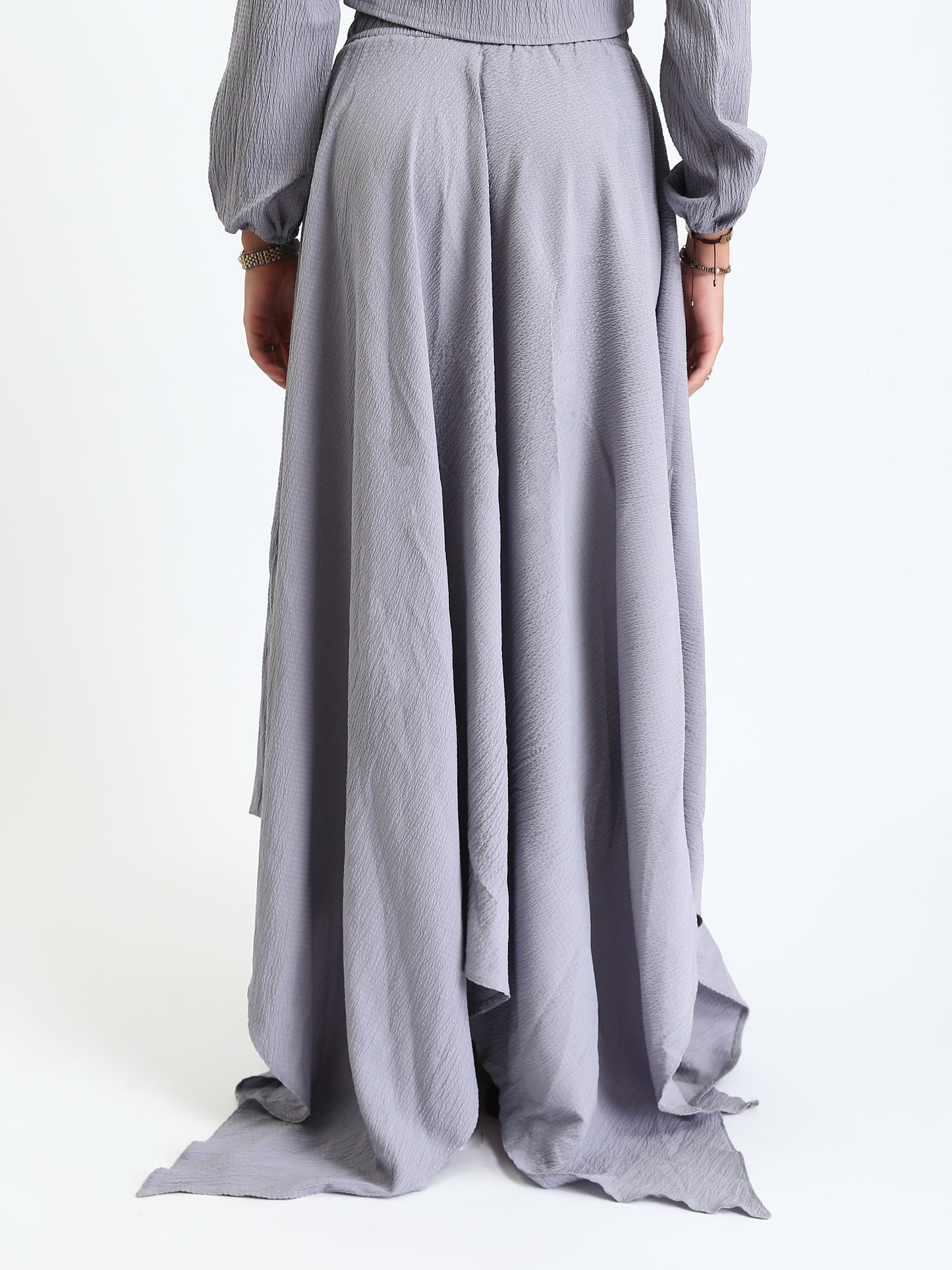 Synthetic Cropped Blouse & Flow Skirt - Grey