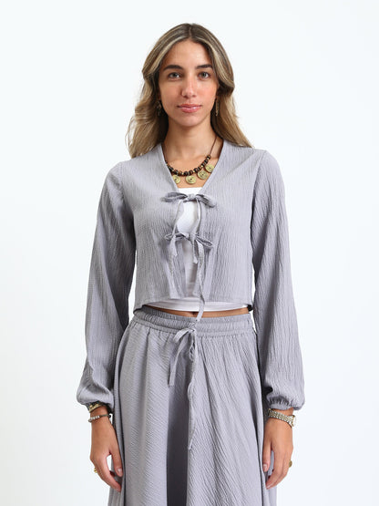 Synthetic Cropped Blouse & Flow Skirt - Grey