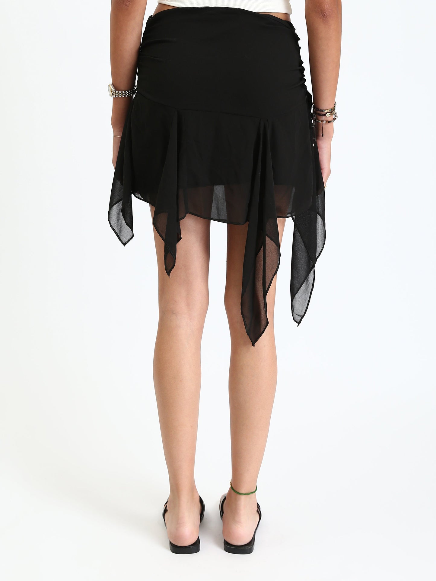 Chiffon Slip On Asymmetric Mini Skirt - Black