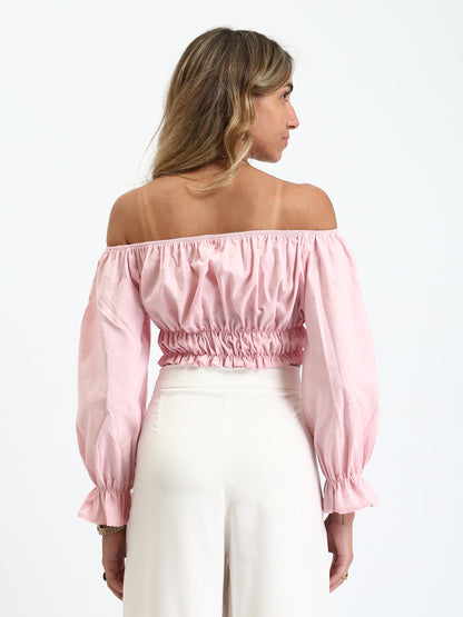 Poplin Off-Shoulder Cropped Blouse - Pink