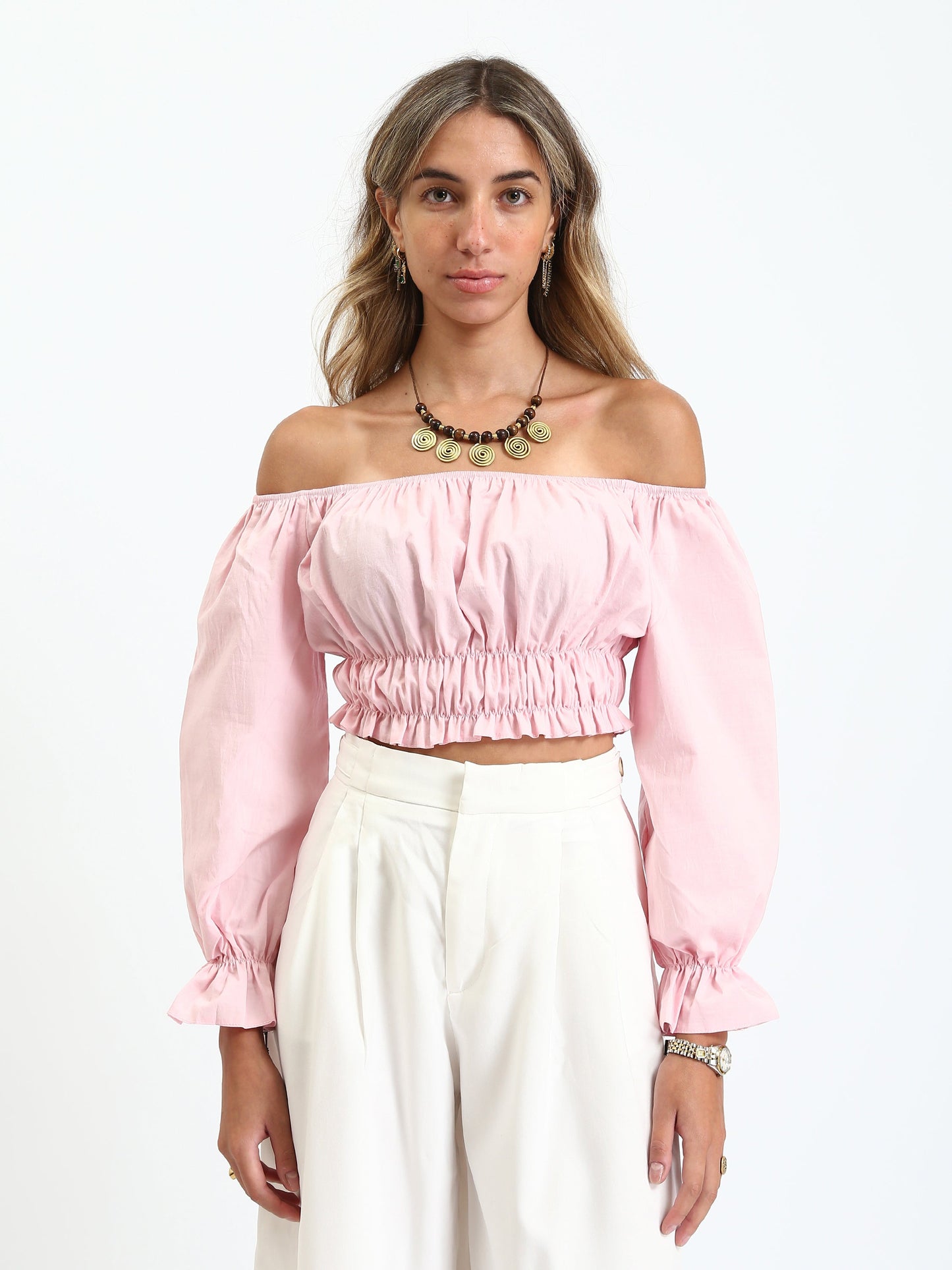 Poplin Off-Shoulder Cropped Blouse - Pink