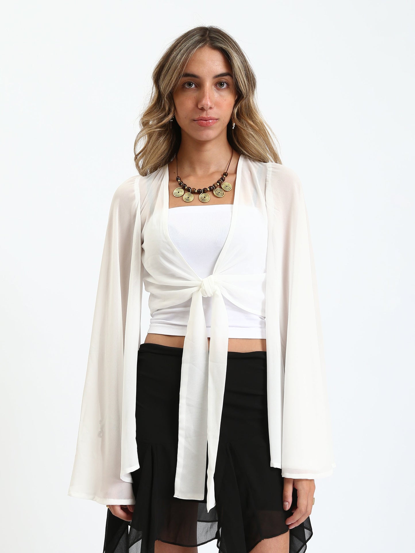 Chiffon Sheer Tie-Front Blouse - White