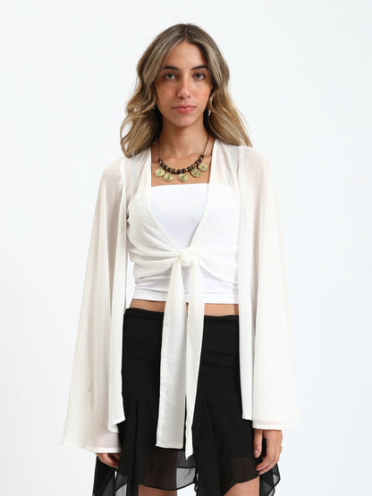 Chiffon Sheer Tie-Front Blouse - White