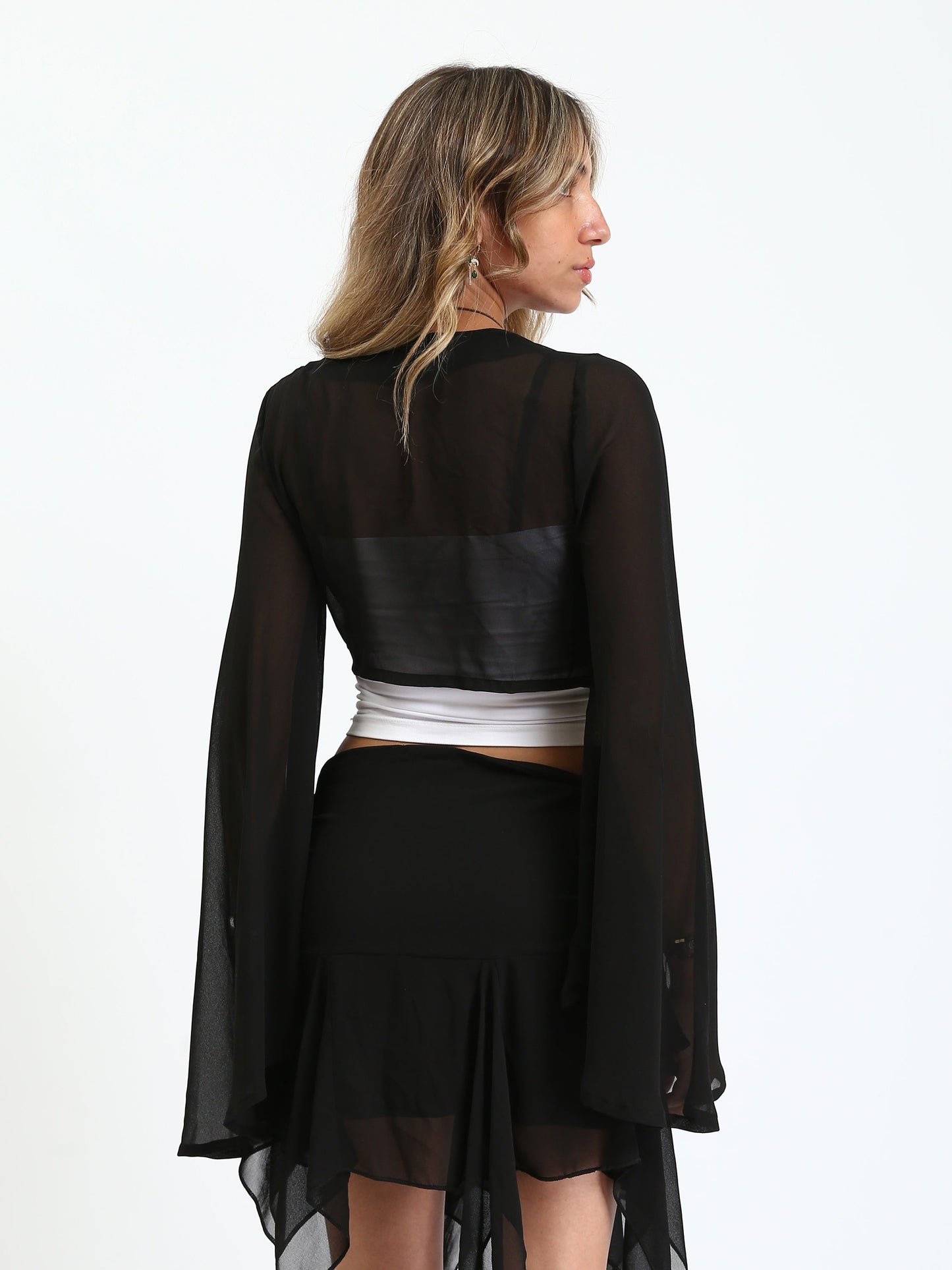 Chiffon Sheer Tie-Front Blouse - Black