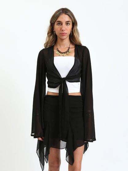 Chiffon Sheer Tie-Front Blouse - Black