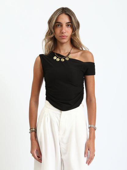 Cotton Off-Shoulder Fitted Ruched Top - Black