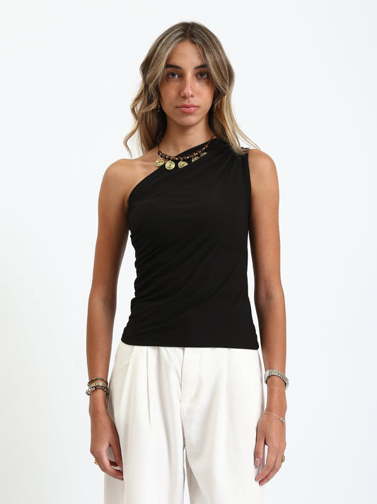 Cotton Feminine One-Shoulder Summer Top - Black