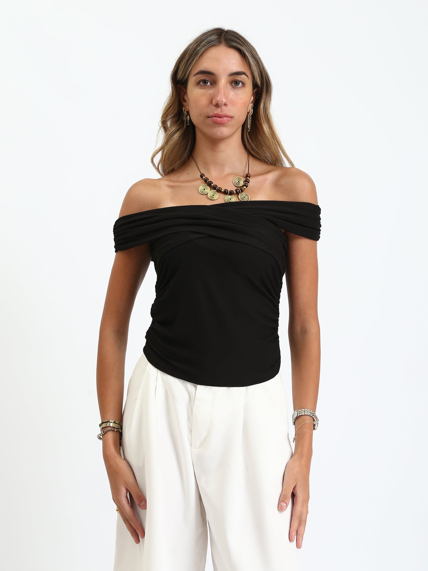 Cotton Off-Shoulders Slip On Summer Top -Black