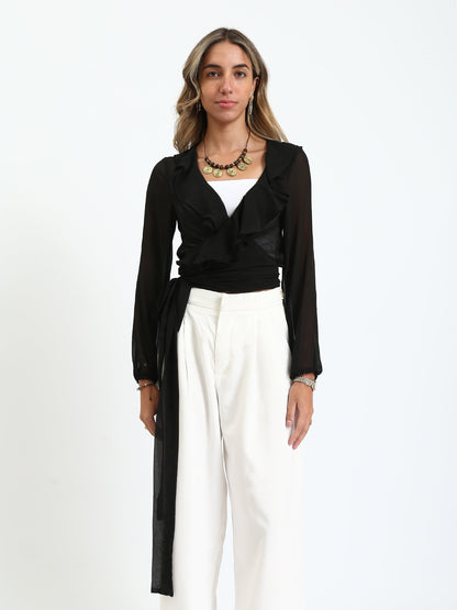 Chiffon Ruffled Wrap Blouse - Black