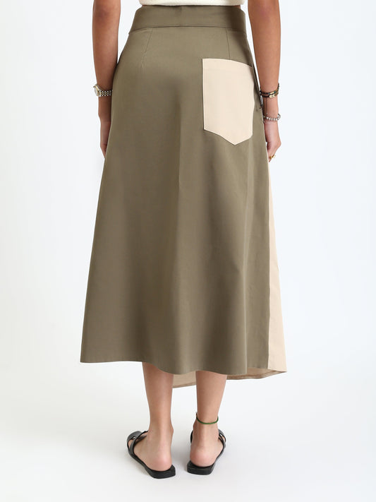 Gabardine Two-Tone Wrap Midi Skirt - Beige/Olive